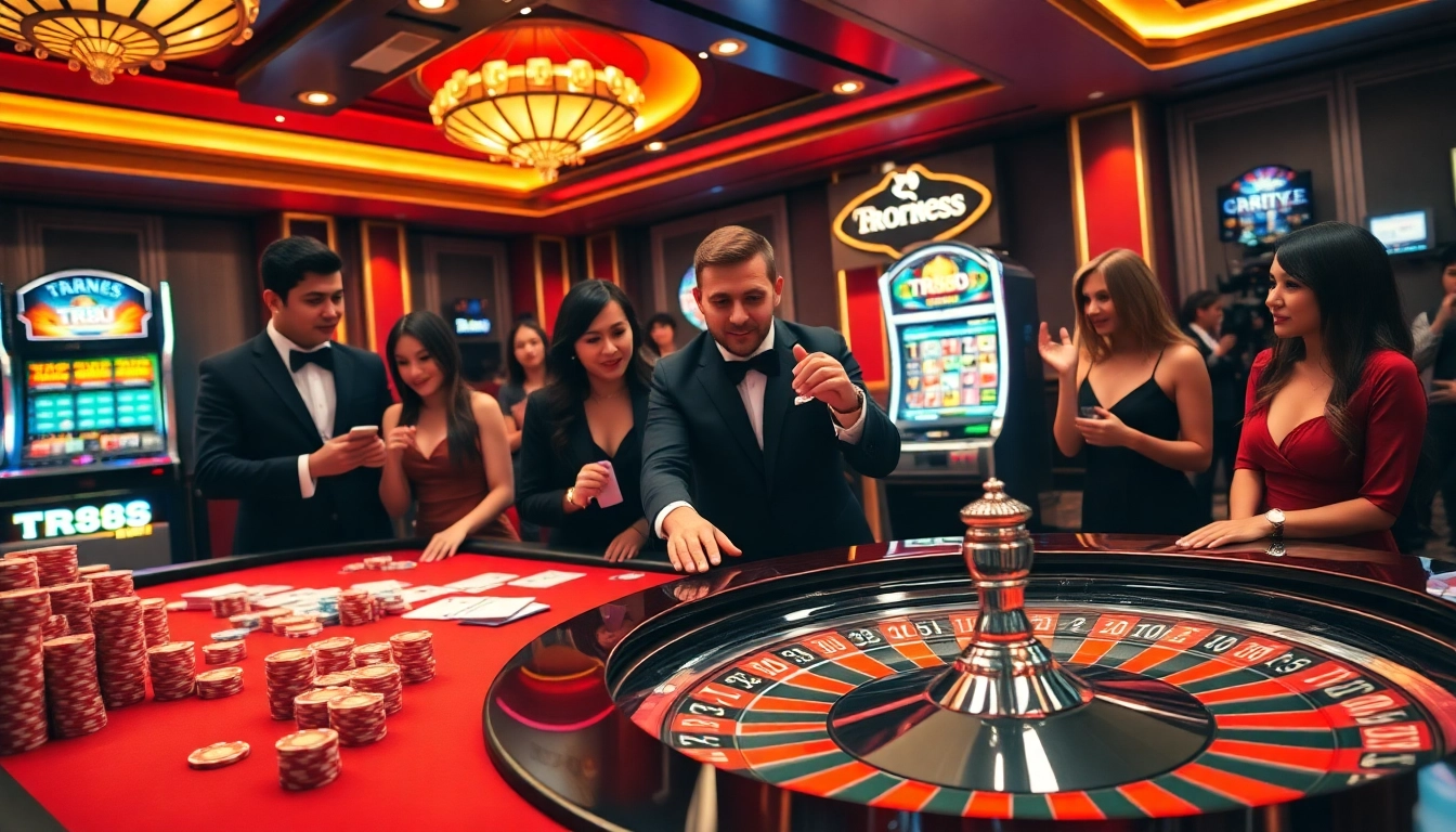 Players enjoy an exciting game at the TR88 casino table filled with vibrant poker chips and cards.