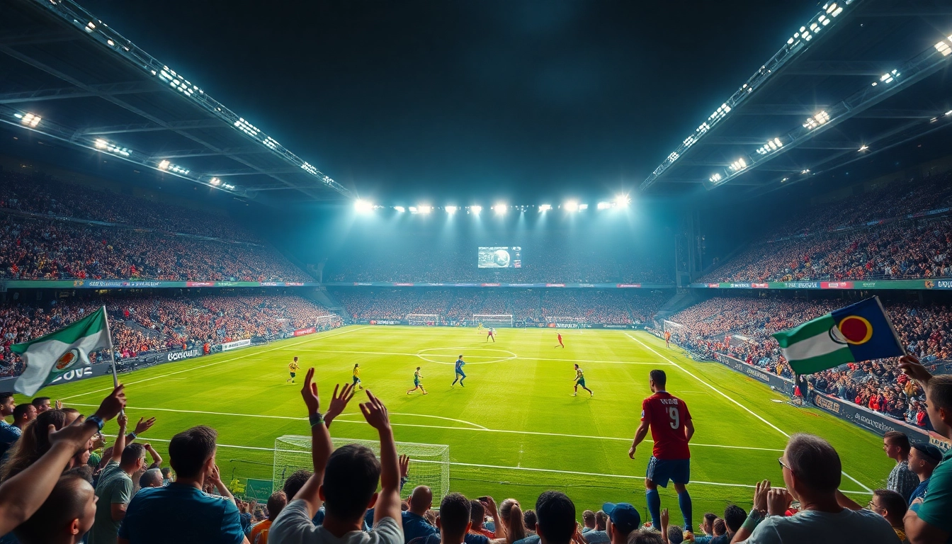 Trực tiếp bóng đá excitement captured in a vibrant stadium scene with cheering fans and dynamic player action.