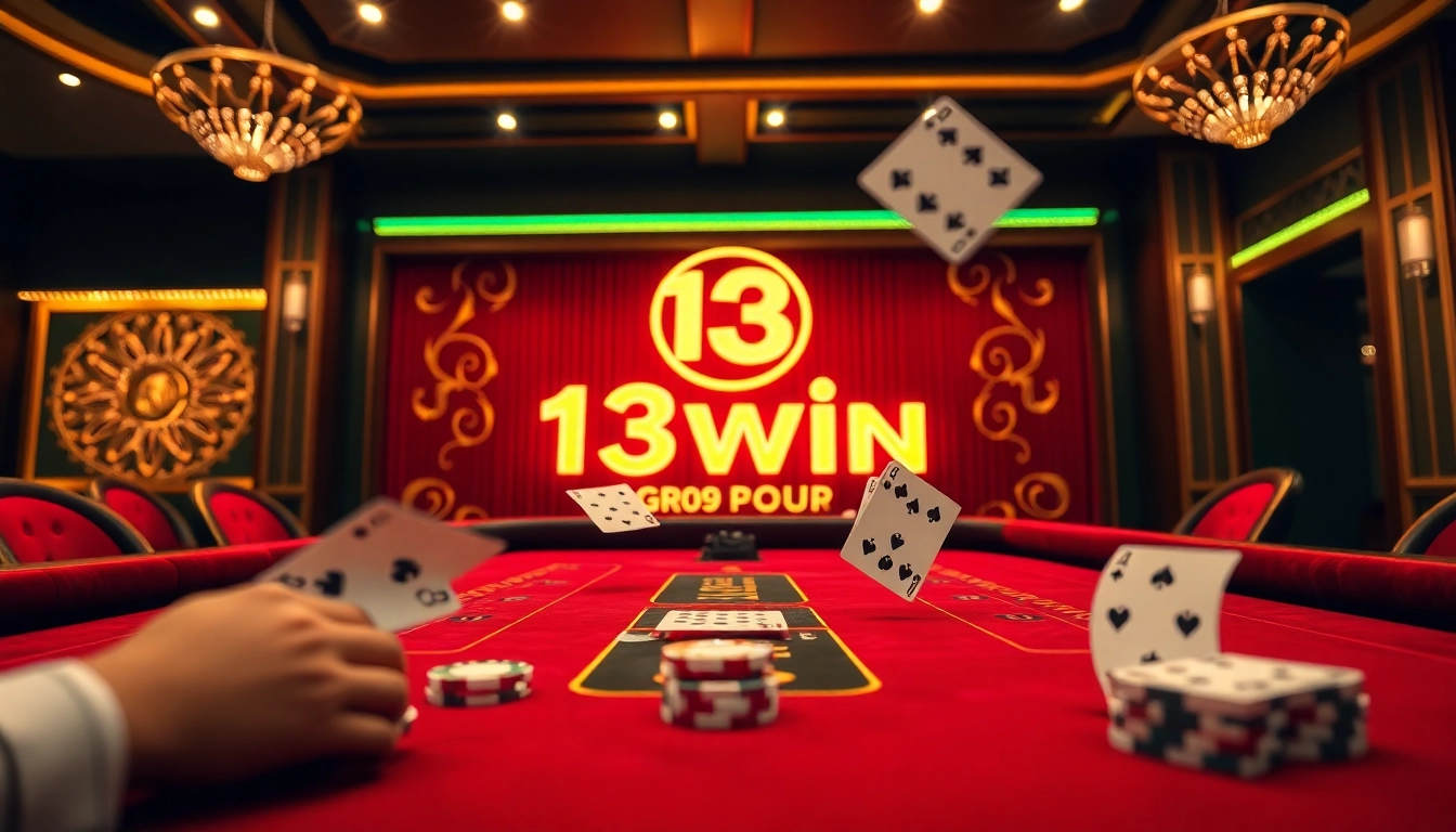 Experience the thrill of gaming with 13win group at a premier casino table, showcasing vibrant chips and cards.