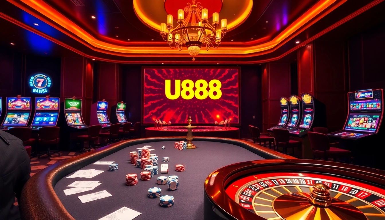 Experience thrilling gaming at U888 with a vibrant casino atmosphere filled with poker tables and slot machines.