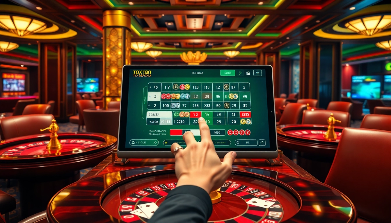 Confident gambler placing a strategic bet on amanahtoto’s digital Toto Macau game with vibrant chips and cards