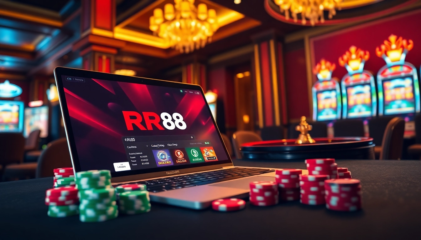 RR88 online interface amidst vibrant casino elements like roulette and poker chips.