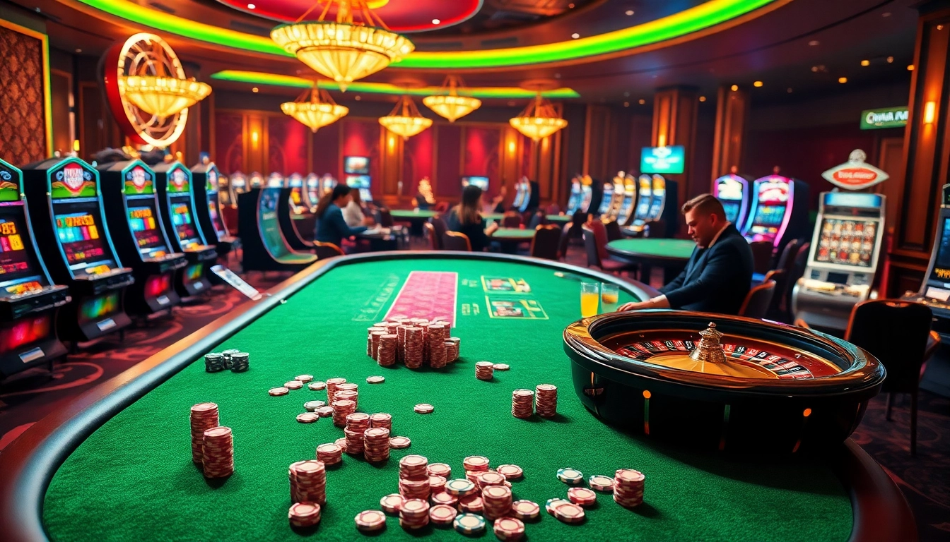 Experience the thrilling atmosphere of nohu90's casino, highlighted by slot machines and poker tables.