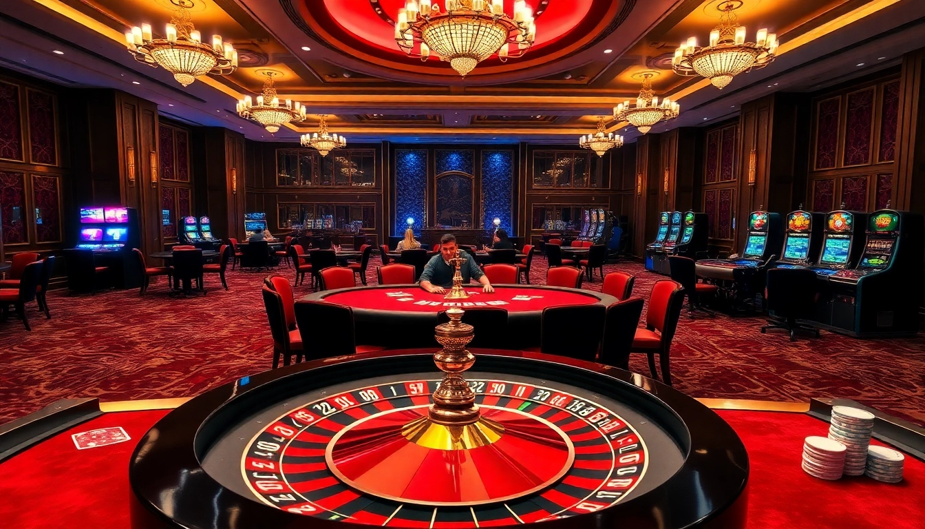 Exciting casino scene featuring S8 poker table, roulette wheel, and vibrant slot machines.