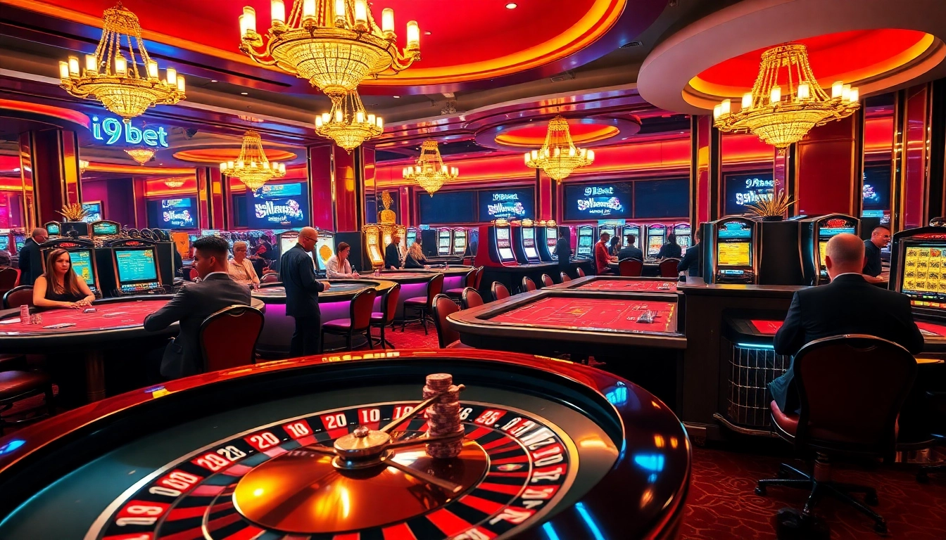 Engage in thrilling casino gaming with i9bet's vibrant atmosphere showcasing poker, slots, and roulette.
