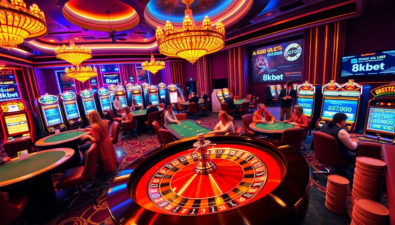 Excited players engaging with 8kbet casino tables, showcasing a vibrant gambling atmosphere.
