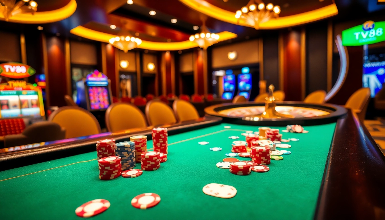Engaging gameplay at TV88 casino table with poker chips and cards.