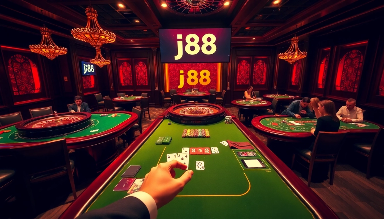 Engage with high-stakes gambling at the luxurious j88 casino table, surrounded by colorful chips and cards.