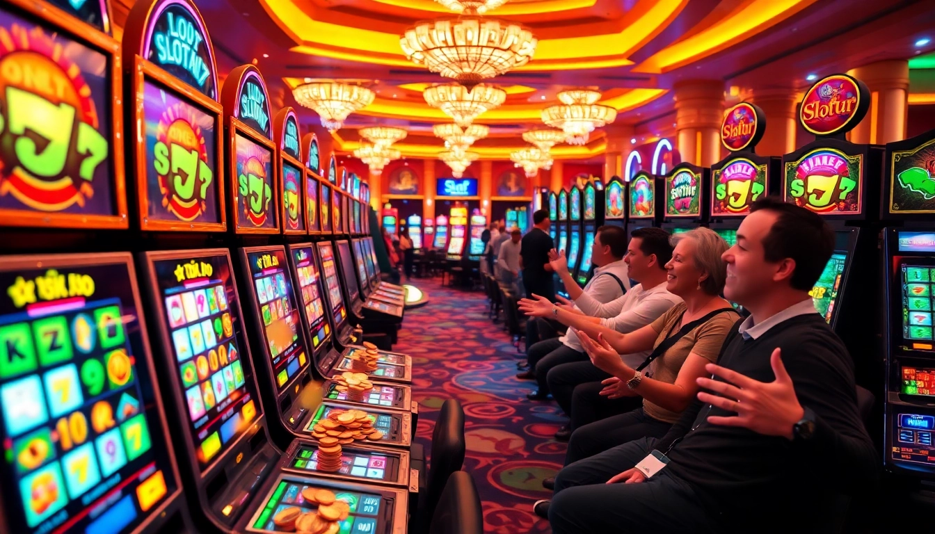 Excited players enjoying their winnings at slot777 vibrant casino slot machines.