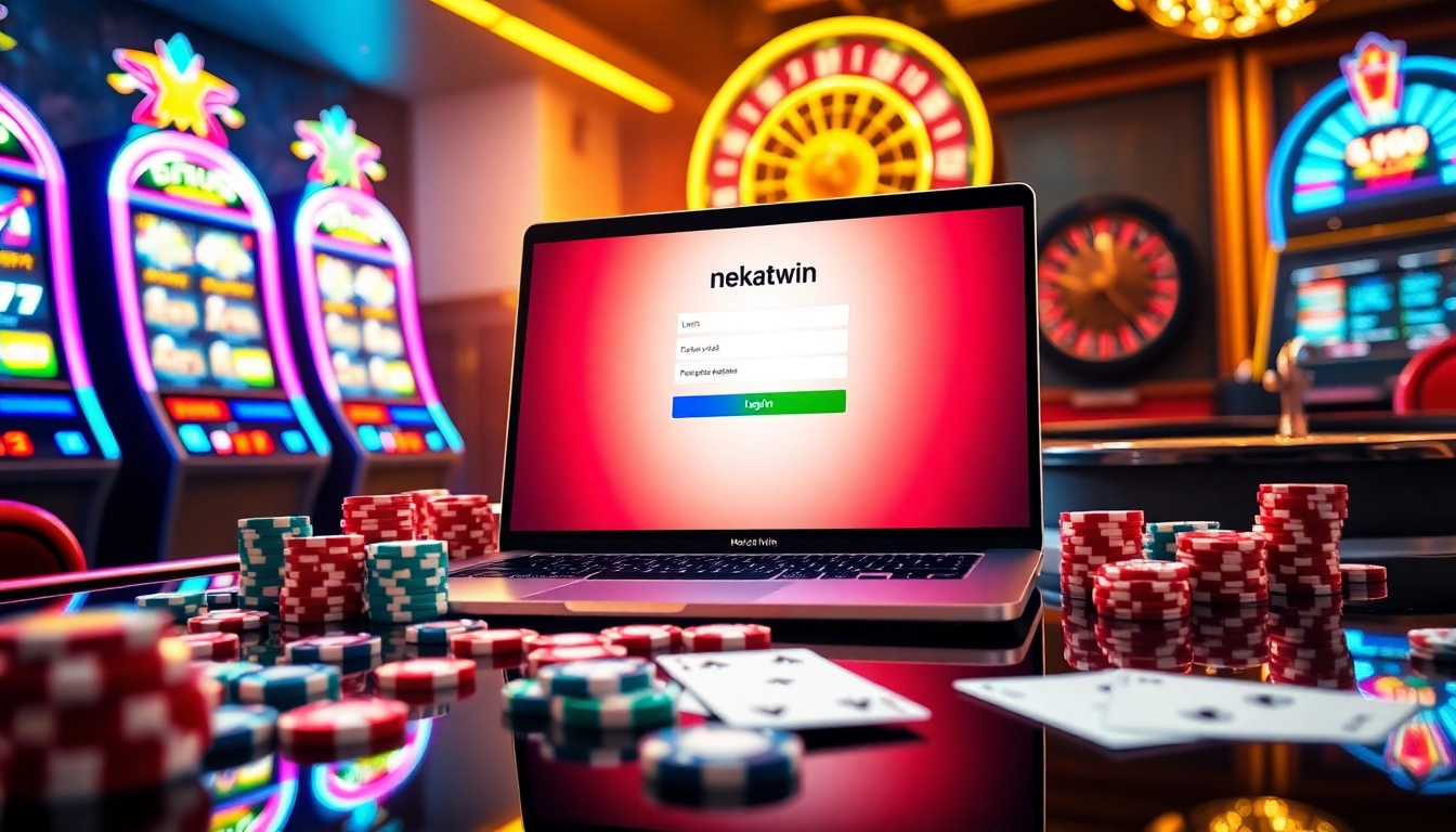 Engage with login nekatwin through an inviting digital casino scene showcasing vibrant slot machines and poker chips.