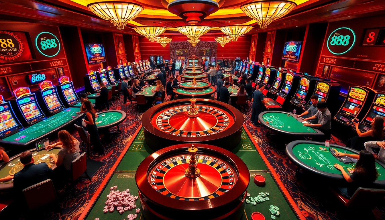 Exciting casino scene featuring roulette and poker tables at for88, filled with players and colorful chips.