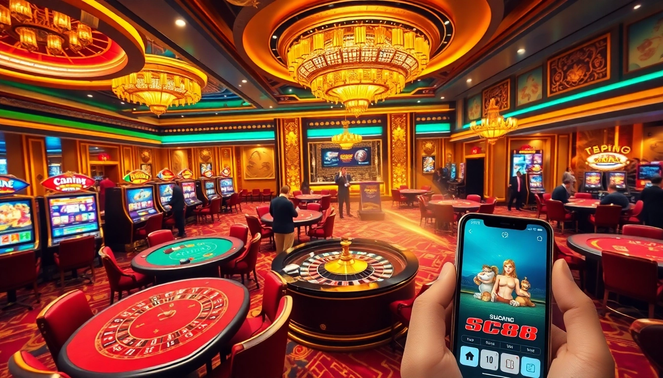 An engaging casino scene showcasing nền tảng sc88 with players at poker tables and flashy slot machines.